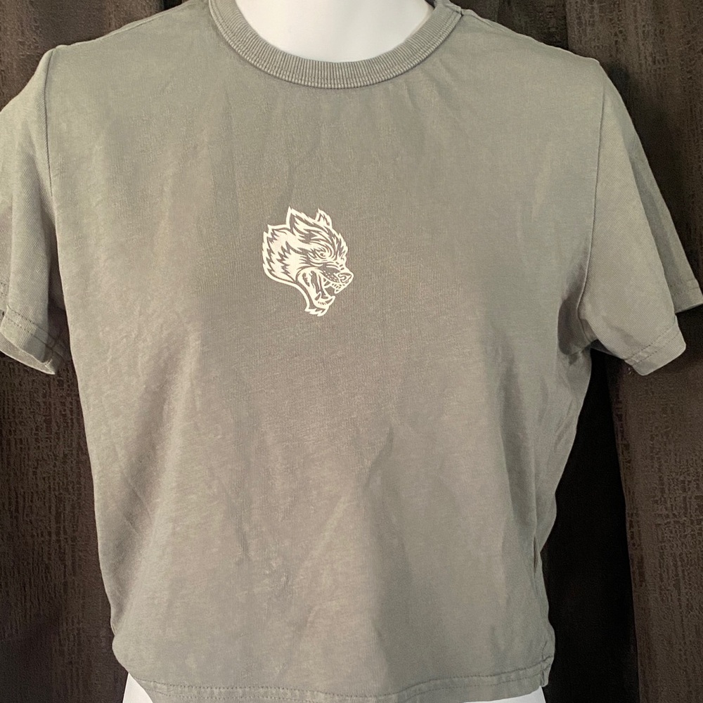 Gray Cropped T-Shirt with Wolf Logo